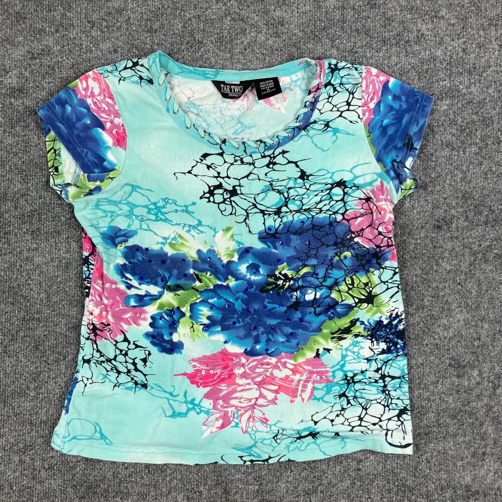 Take Two Top Womens Size M Aqua Floral Short Sleeve Scoop Neck‎ Boho Print